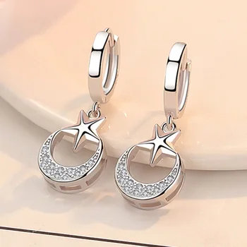 

Romantic 925 Sterling Silver Crystal Star Moon Stud Earrings for Women Wedding Engagement Jewelry eh521