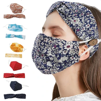 

Adult Washable Printed Adjustable Cotton Cloth Mask+button Hairband Set Female Facemask And Sport Yoga Headwear Outdoor Sets
