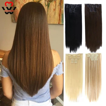 

MANWEI Synthetic Clip In Hair Extension Heat Resistant Hairpiece 16 Clips Natural Black Brown Blonde Hair Extensions