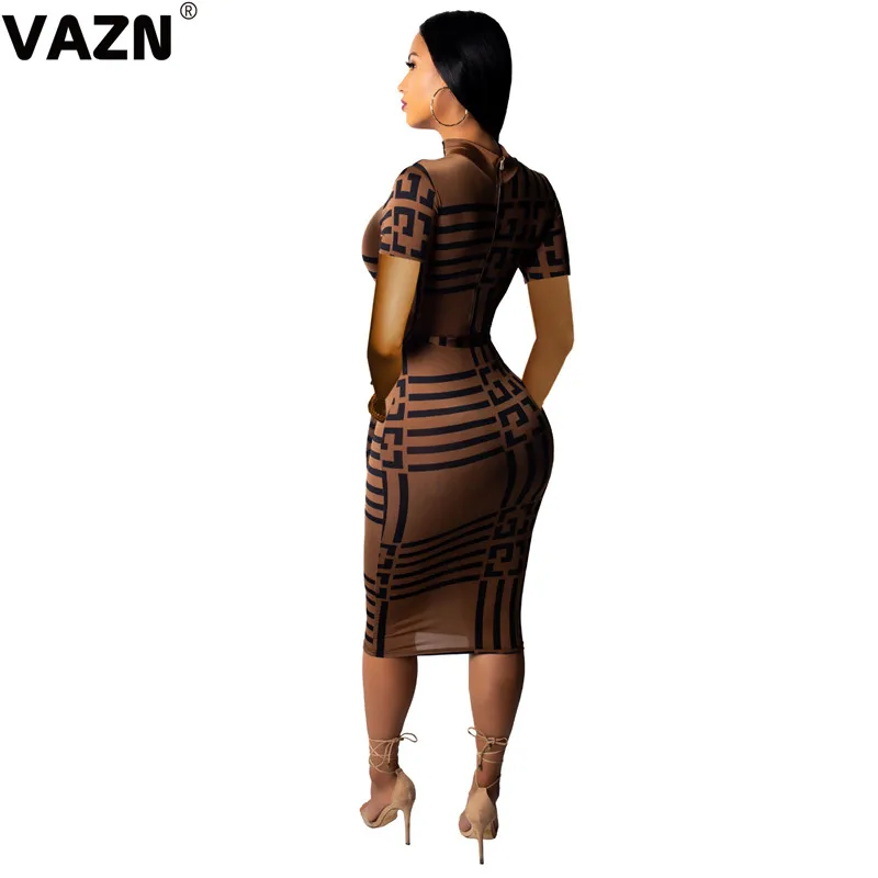 VAZN SMR9069 продукт летнее Сексуальное Женское коричневое платье короткий рукав высокий завернутый воротник платье-футляр с поясом Сексуальное Женское повседневное новое платье