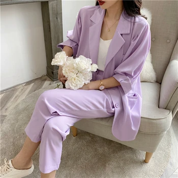 

KALENMOS 2020 New Summer Autumn Women Sets 2 Piece Matching Pants 3 Colors Casual High Elastic Waist Half Lantern Sleeve Suit
