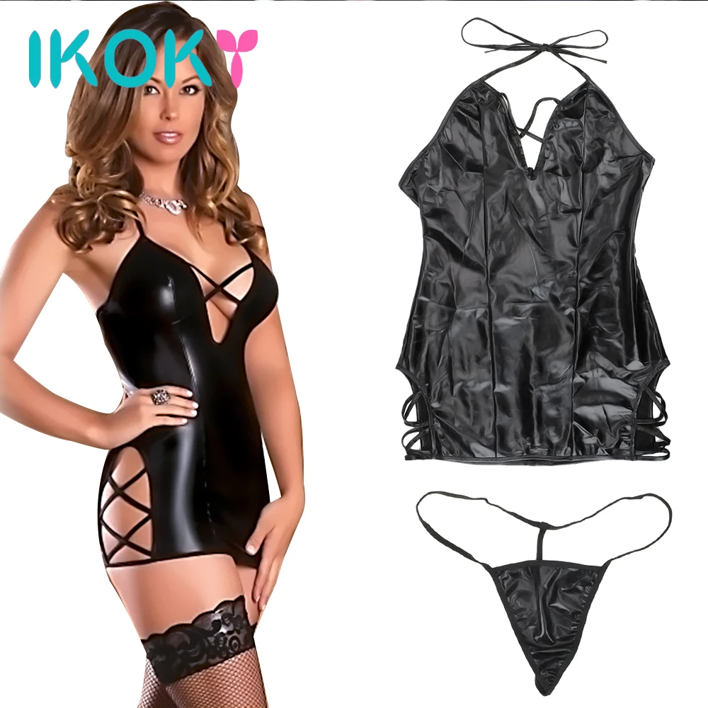 IKOKY сексуальное женское белье черное кожаное платье с стринги Porno костюмы сексуальное женское пикантное нижнее белье платье Teddies Боди