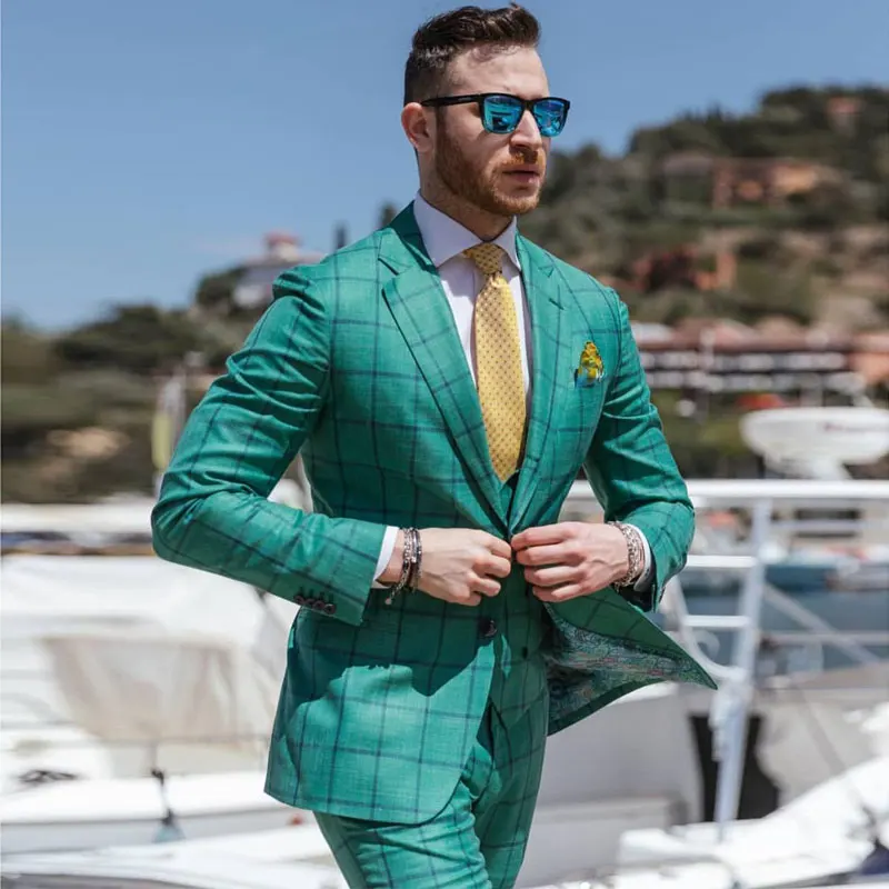 

Зеленый мужской костюм Damier в клетку, свадебные блейзеры с отложным воротником, мужские смокинги из трех предметов, одежда для жениха, куртки для выпускного вечера, жилет с брюками