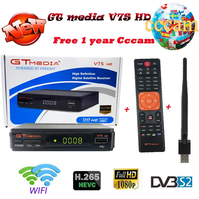 

Original 1 year free Europe 7 clines server + GTmedia V7S HD full HD TV satellite receiver +1 USB WIF Device DVB-S2 USB port