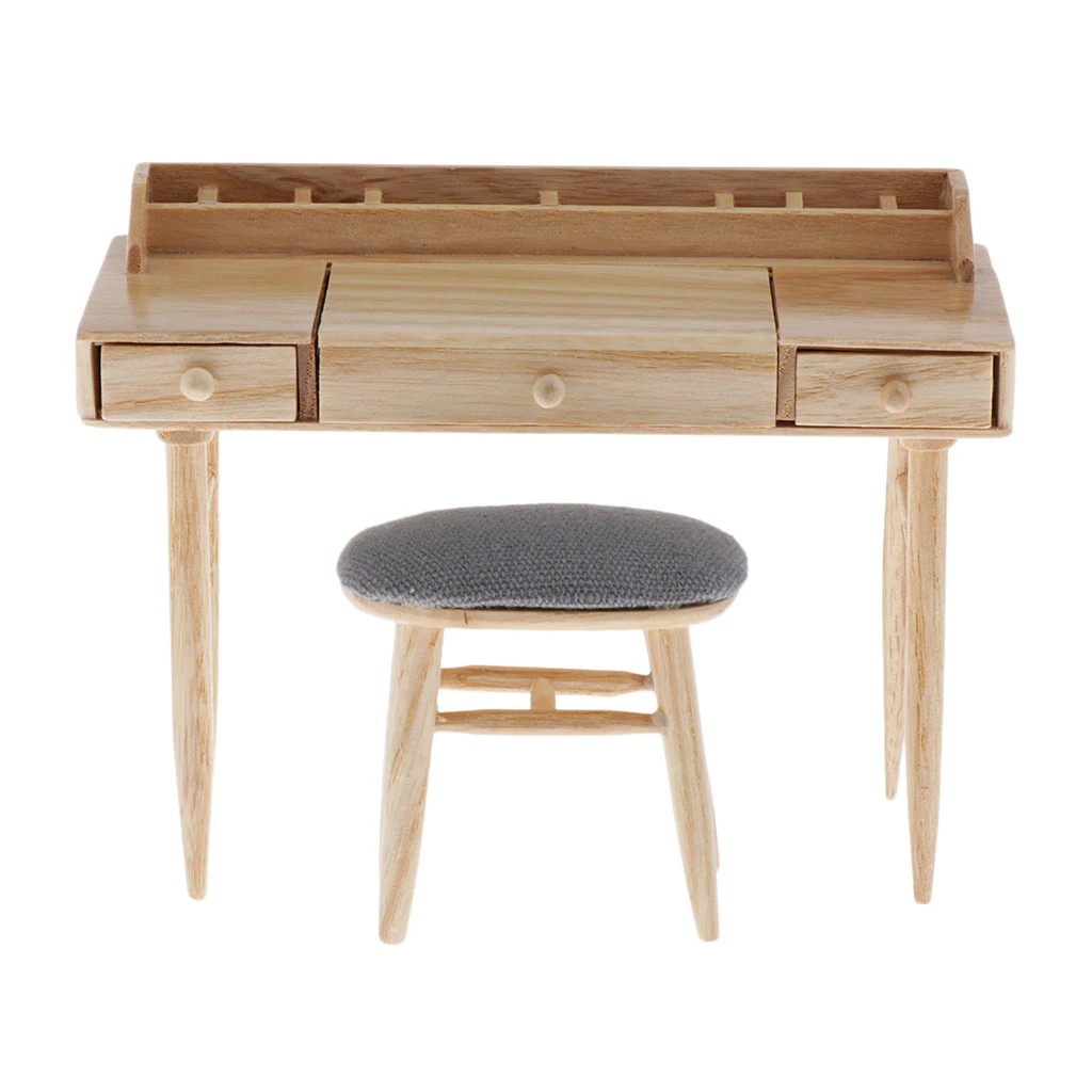 

Delicate 1/12 Wooden Dresser Table Chair Mirror Set Furniture Kit for Doll House Bedroom Decoration Accessories