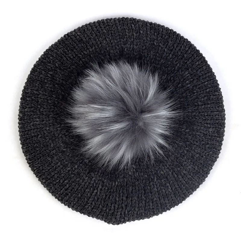 Dark Gray17 Женские Модные береты с помпон из искуственного меха Pom Chenille мягкие зимние теплые шапки женские французские художники берет шапки для волос Повседневная шапка - Цвет: Dark Gray17
