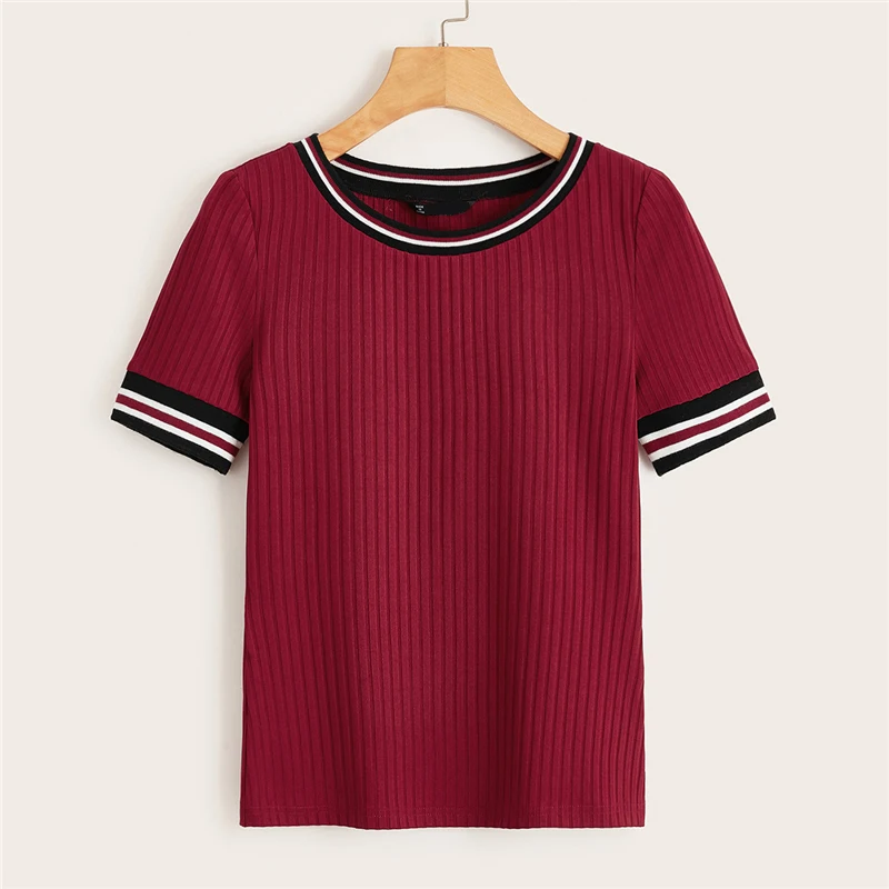 SweatyRocks бордовая полосатая трикотажная футболка в рубчик уличный с короткими рукавами футболки летняя повседневная одежда для активного отдыха женские футболки