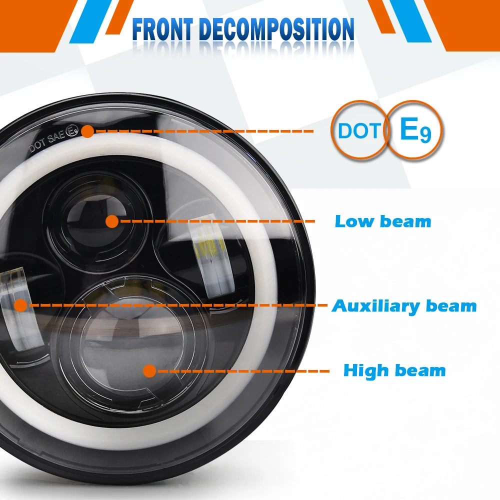  CO LIGHT 7 Inch Led Headlight H4 DRL Round 7'' Headlights with Yellow & White Angel Eye for Jeep Wr - 32797980027
