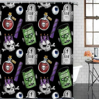 

Halloween Themed Zombie Skull Spider Design Shower Curtain Waterproof Polyester 2 Hook Shower Curtain for Bathroom Decoration
