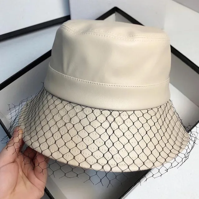 MAXSITI U NEW Spring Fall Veil Net PU Leather Bucket Hat Women's Fashion Casual Pure Color Fisherman's Basin Cap Beige