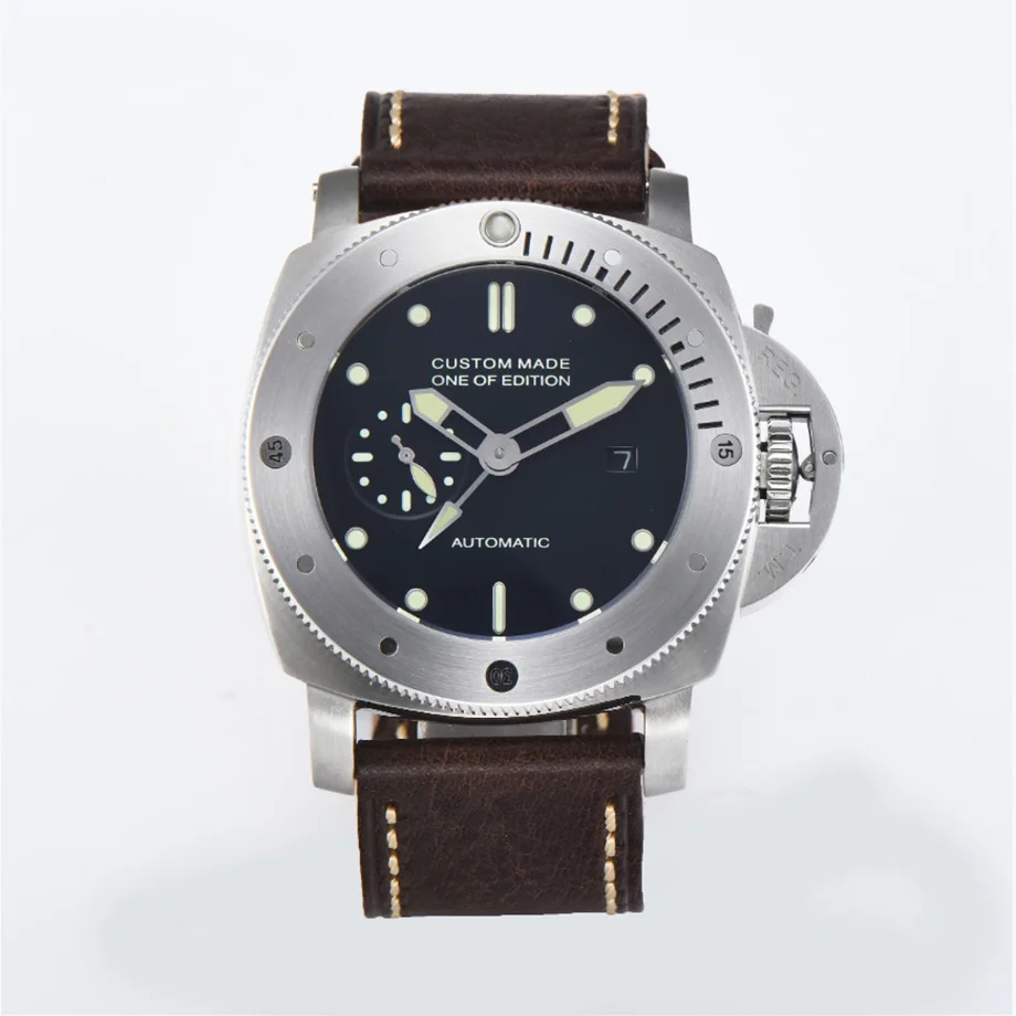 

parnis GMT automatic mens watch 47mm automatic watch silver case brown leather strap automatic movement 11-19