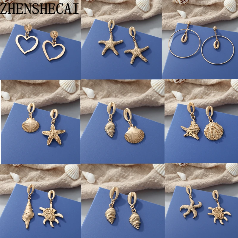 

Fashion Women Bohemian Style Gold Starfish Conch Cowary Shell Big Circle Drop Earrings High Quality Pendant Earrings 2019