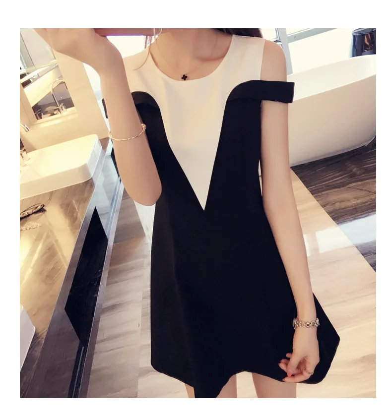 

New Style Special Offer Spring And Summer Korean-style Black And White Joint V-neck Short Sleeve off-Shoulder Dress Slim Fit Sli