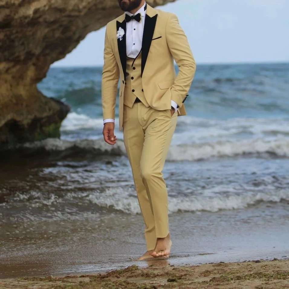 Men's Khaki Slim Fit Suit Formal Groom Tuxedos Dinner Wedding Prom Blazer Custom