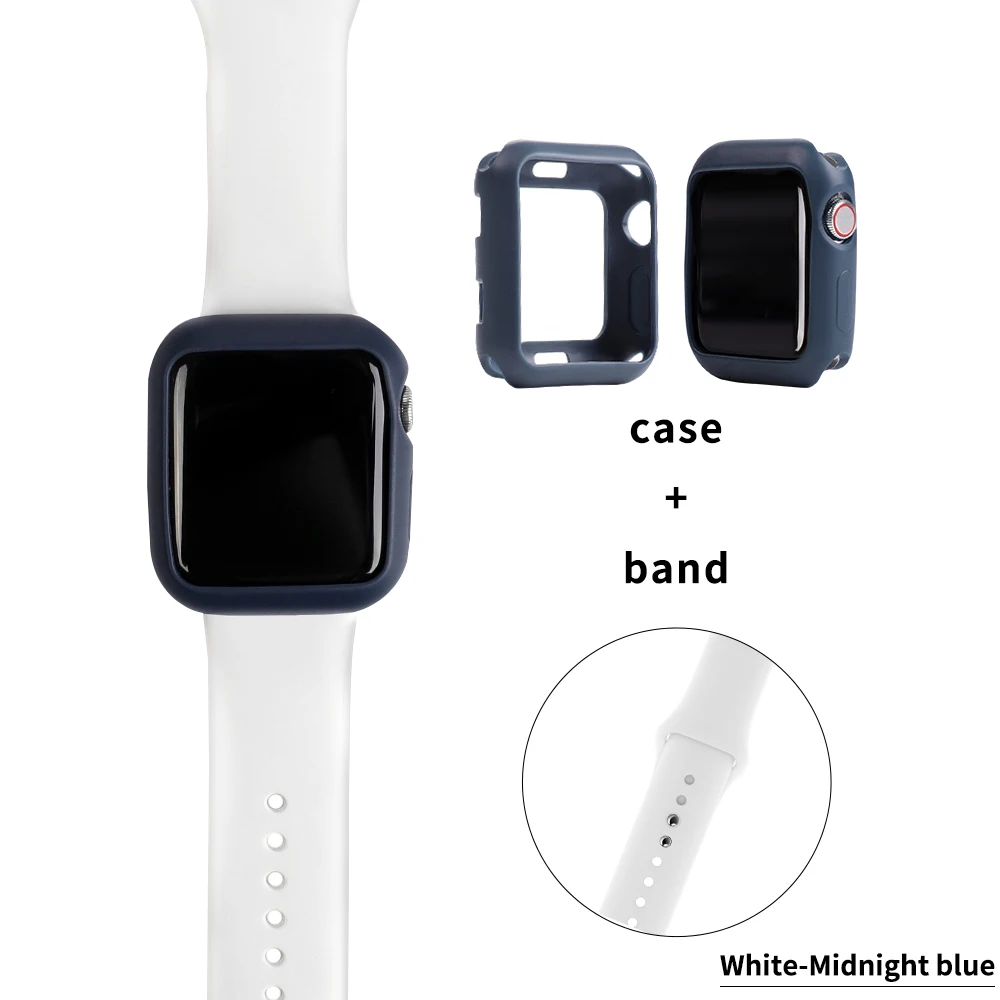 Мягкий силиконовый чехол для apple watch 4, 5, 3, 2, 1, чехол для iwatch, бампер 38, 42, 40, 44 мм, защита ярких цветов, тонкая рамка, ремешок - Цвет ремешка: White Midnight blue