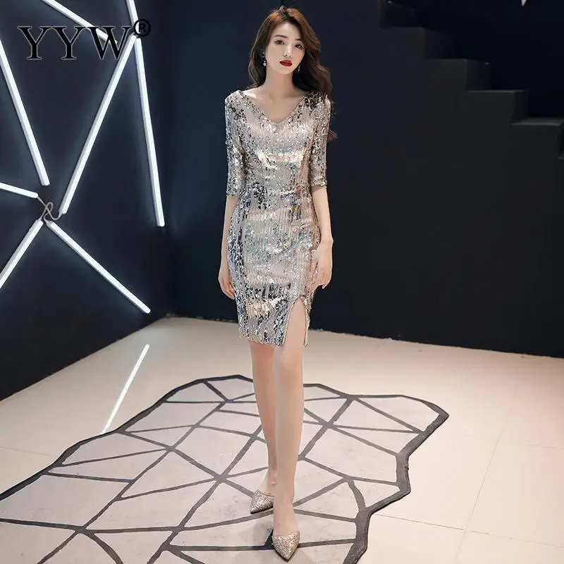 Black Sequins Cocktail Dresses New Arrival Half Sleeve Women Party Dress Sexy V Neck Short Prom Gown Ladies Slim Bodycon Vestido | Свадьбы и