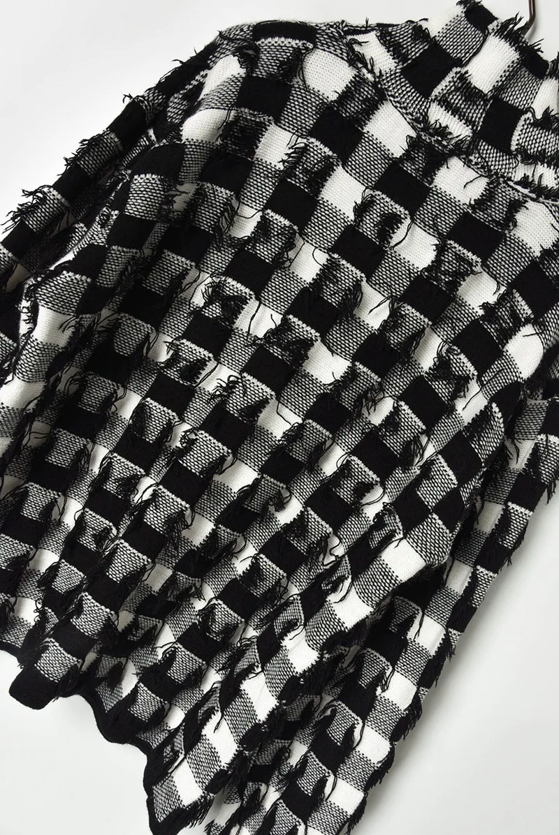 Клетчатый свитер с высоким воротом осень зима белый черный клетчатый вязаный пуловер зимний свитер женский тонкий джемпер P-079