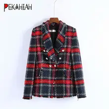 Зимний красный твидовый в клетку Блейзер Пальто винтажная кисточка толстый офисный костюм куртка Спринт зимние женские блейзеры и куртки
