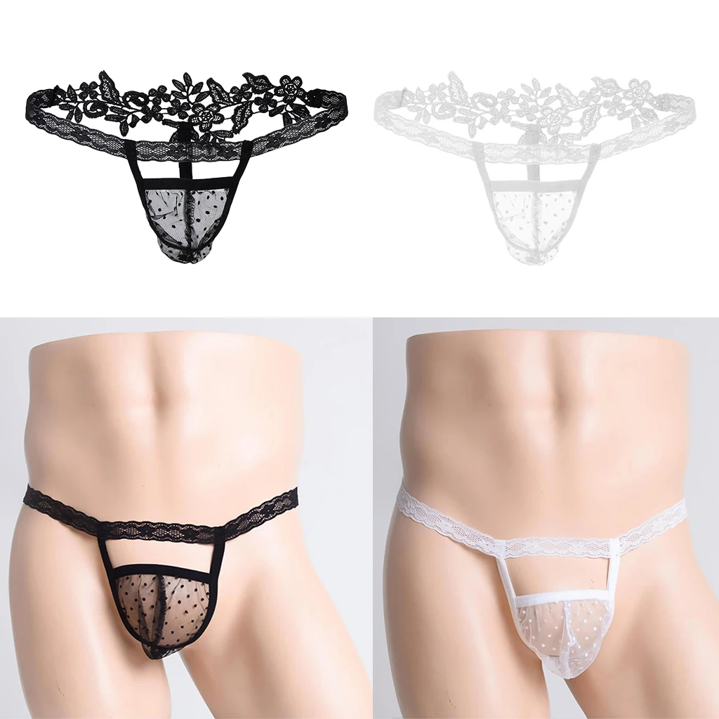Sexy Men’s Lace Briefs Sissy T-back Gay Underwear Male Lingerie Underpants transparent low waist mini bikini G-string underwear