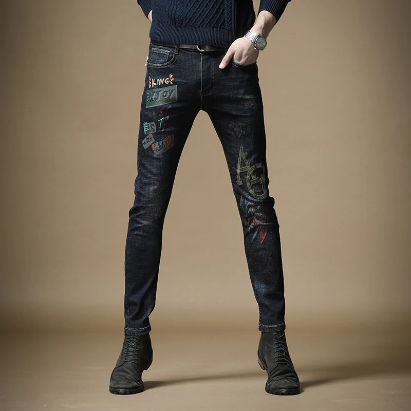 Men's Jeans Fashion Embroidery Printed Straight Slim Fit Pants Streetwear Blue Stretch Denim Trousers