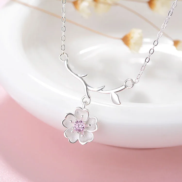 

S925 Fine Silver Accessories Branch Cherry Blossom Necklace Women's New Style Simple Flower Pendant Choker Necklace