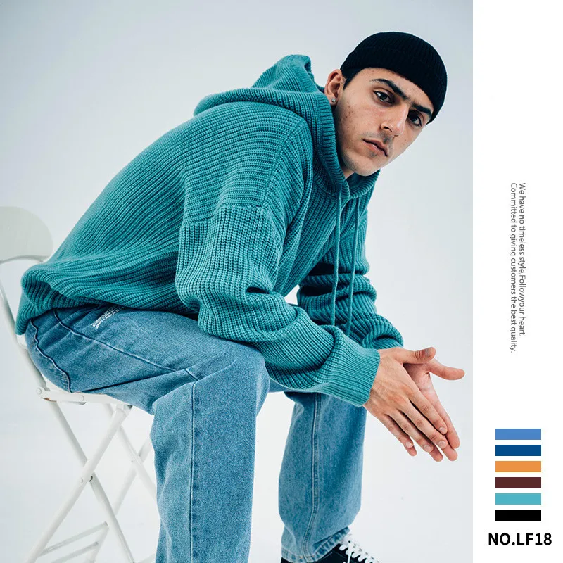 

2019 Autumn and Winter New Tide Brand Solid Color Hooded Knit Sweater Sweatshirt Loose Men's Hoodie