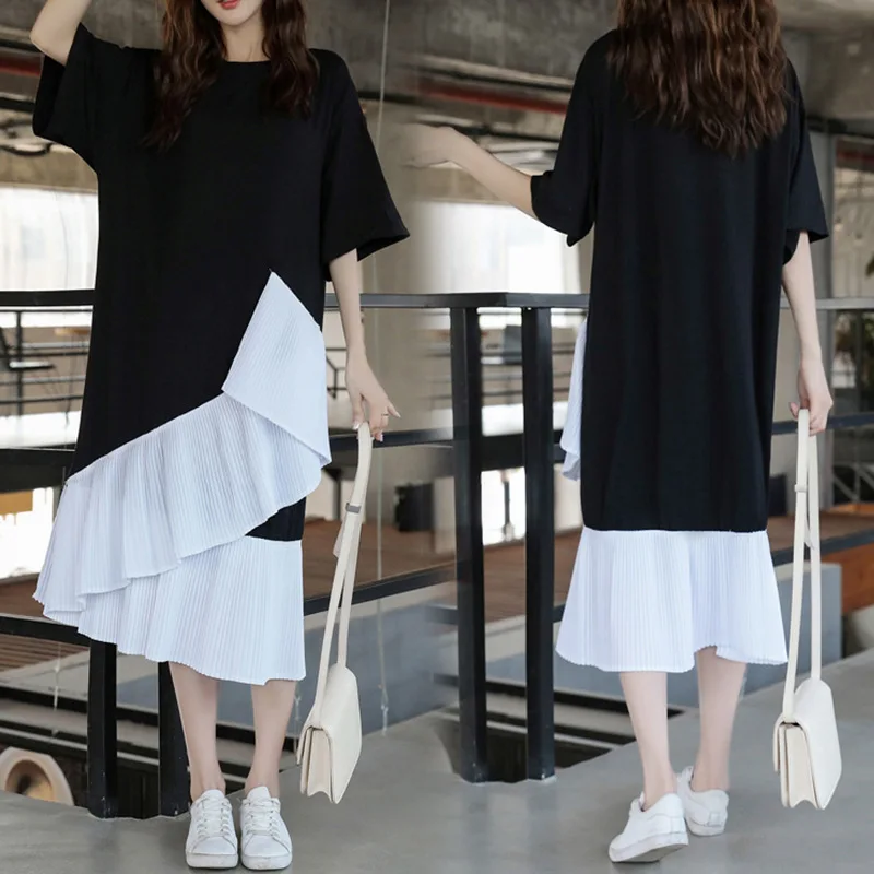 

2020 Summer Large Size Dress Fat Mm Loose-Fit Slimming Joint T-shirt Dress Mid-length Solid Color One Piece