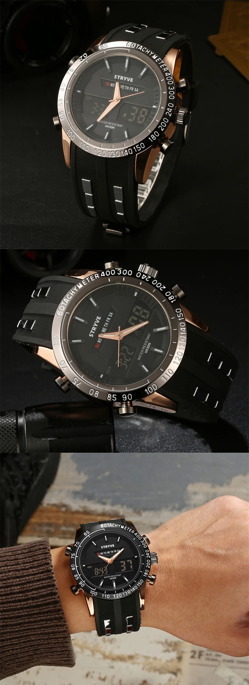 STRYVE Casual Watch Men Sport LED Digital Watch Waterproof Quartz Watches Men Luxury Brand Steel Band Relogio Masculino Clock