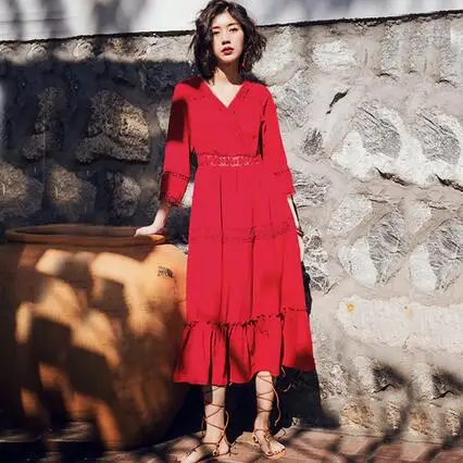 Hot New Summer Dress Women Beach Three Quarter Sleeve Maxi Dress Ladies Elegant Dress Famale Dresses DJ157