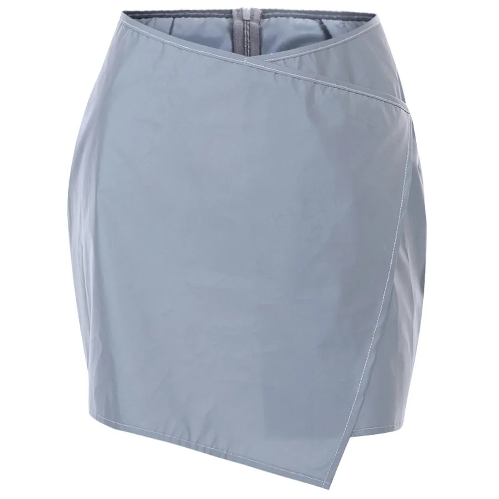 Women Skirt Fashion Pure Color High Waist Casual Skirt Sexy Wide Package Hip Reflective Skirt Asymmetrical Pencil Zipper Skirt