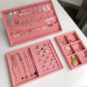 

Pink Velvet Ring Jewelry Display Organizer Case Tray Holder B/M/S Necklace Earrings Storage Box Showcase Jewelry Stand Holder