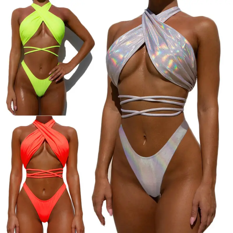 Push Up Bikini Set Cross Patchwork Swimwear Women Bandage Print Swimsuit Plus Size Bikinis Halter Top Bathing Suit Biquini |