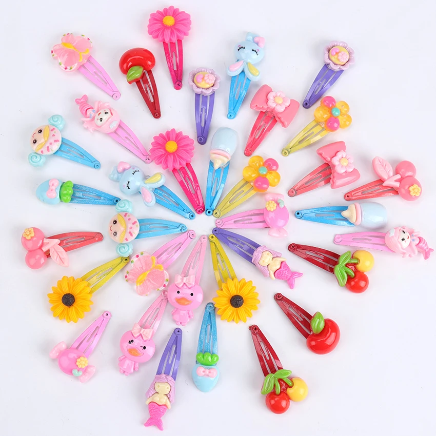10PCS Mix Color Barrette Baby Hair Clip Cute Flower Solid Cartoon Handmade Resin Children Hairpin Girl Hair Clip Accessories