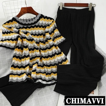 

Korean New Mixed Colors Stripes Short Sleeve Sweater Knit Tops + High-waist Wide-Leg Pants Two-Piece Set Casual Women Pants Suit