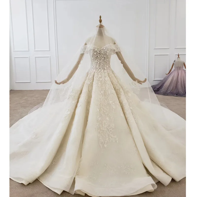 BGW HT4219 Bead Applique Wedding Dress With Vile Gowns 3D Flower 2020 Off The Shoulder Pleat Robe | Свадьбы и торжества