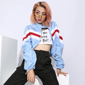 

Women Cropped Stand Collar Jacket Fashion Patchwork Long Sleeve Punk Jackets Spring Autumn Slim Thin Jackets Crop Top