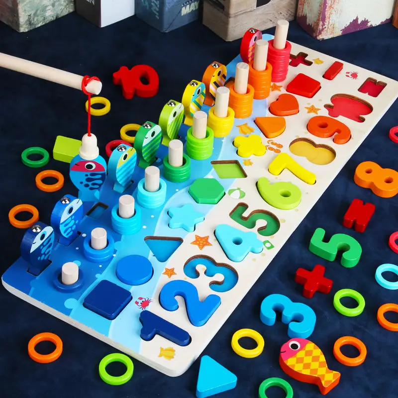

Montessori Educational Wooden Toys for Kids Board Math Fishing Count Numbers Matching Digital Shape Match Early Education Toy