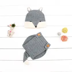 Chapeau de renard crocheté à la main pour nouveau né, pantalon, accessoires de photographie, 2 pièces 