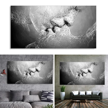 

New Fashion Black & White Love Kiss Abstract Art on Canvas Painting Wall Art Picture Print Home Decor (Without Frame)