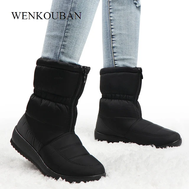 

Winter Boots Women Waterproof Warm Snow Ankle Boots Black Ladies Fur Platform Shoes Front Zip Non-slip Wedges Bota Feminina 2019