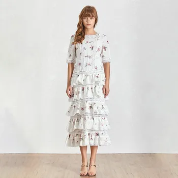 

CHICEVER Hollow Out Patchwork Print Party Dress Women Short Sleeve High Waist Midi Dresses Female 2020 Casual Fashion Tide