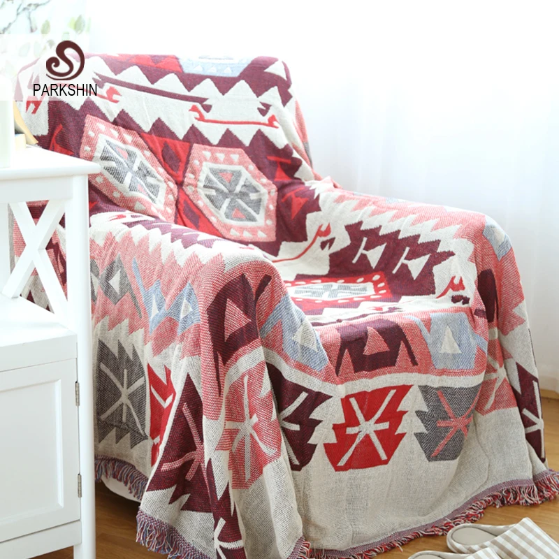 

Parkshin Red Rectangle 100% Cotton Knitted Blanket Bed Cover Bohemian Style Sofa Cover Decor Home Textiles Blanket Bedspread