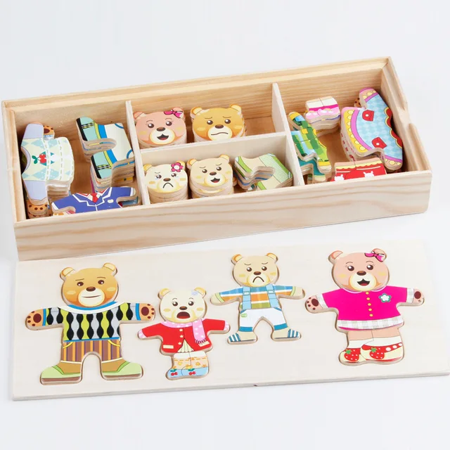 QWZ Little Bear Change Clothes Children's Early Education Wooden Jigsaw Puzzle Dressing Game Baby Puzzle Toys For Children Gift 2