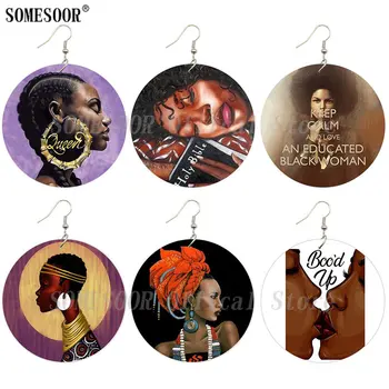 

SOMESOOR Printing Black Educated Woman Queen African Wooden Drop Earrings Bood Up 6cm Large Round Wood Pendant Loops For Women