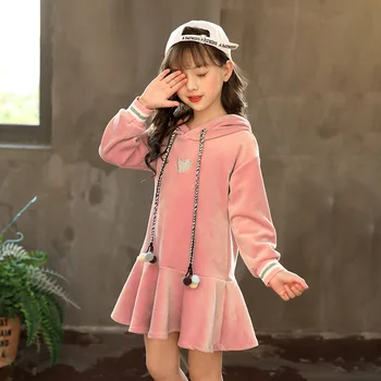 

Girls Velvet Dresses Autumn New Pattern Child Leisure Long Sleeve Hooded Dress