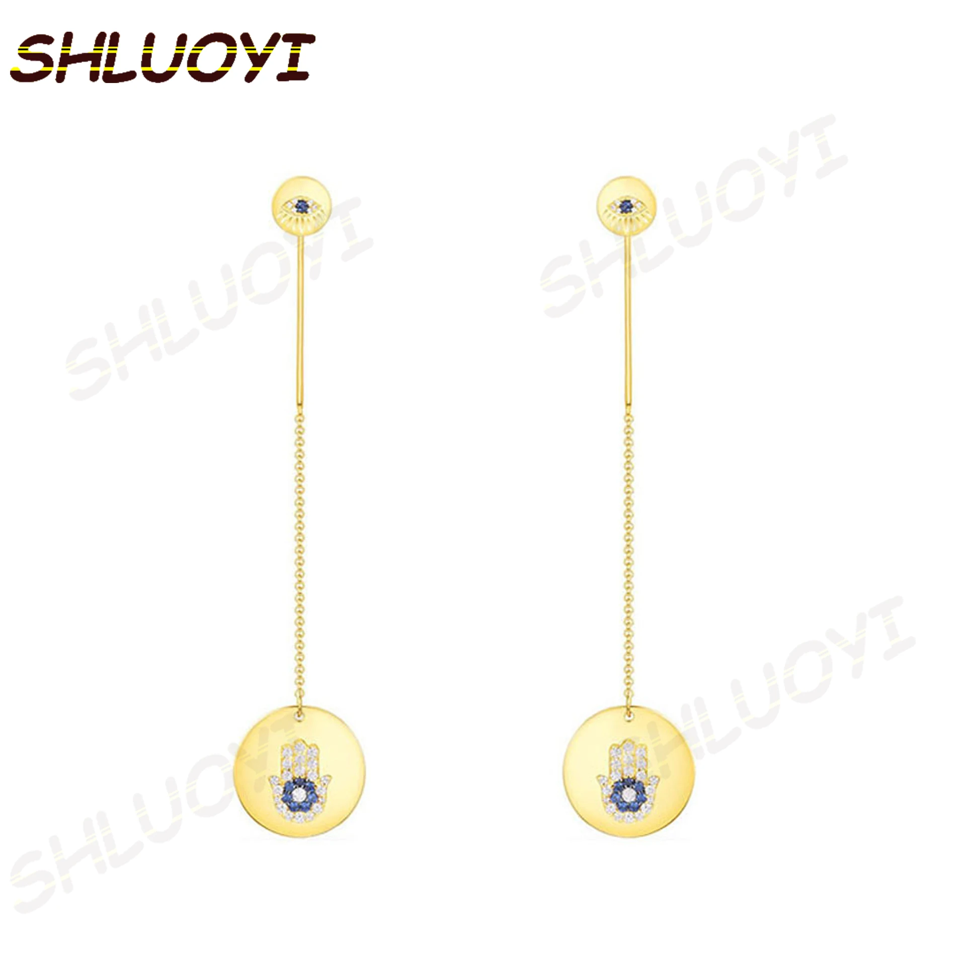 

SHLUOYI Fashion Charm Sterling Silver Copy 1:1 Copy,Yellow Silver Lucky Hand Long Earrings Women Monaco Luxury Jewelry Gift