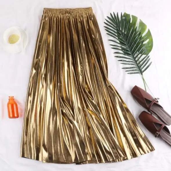 Женские золотистые, серебристые, черные плиссированные эластичные юбки с высокой талией весенне-осенние женские блестящие юбки DV775