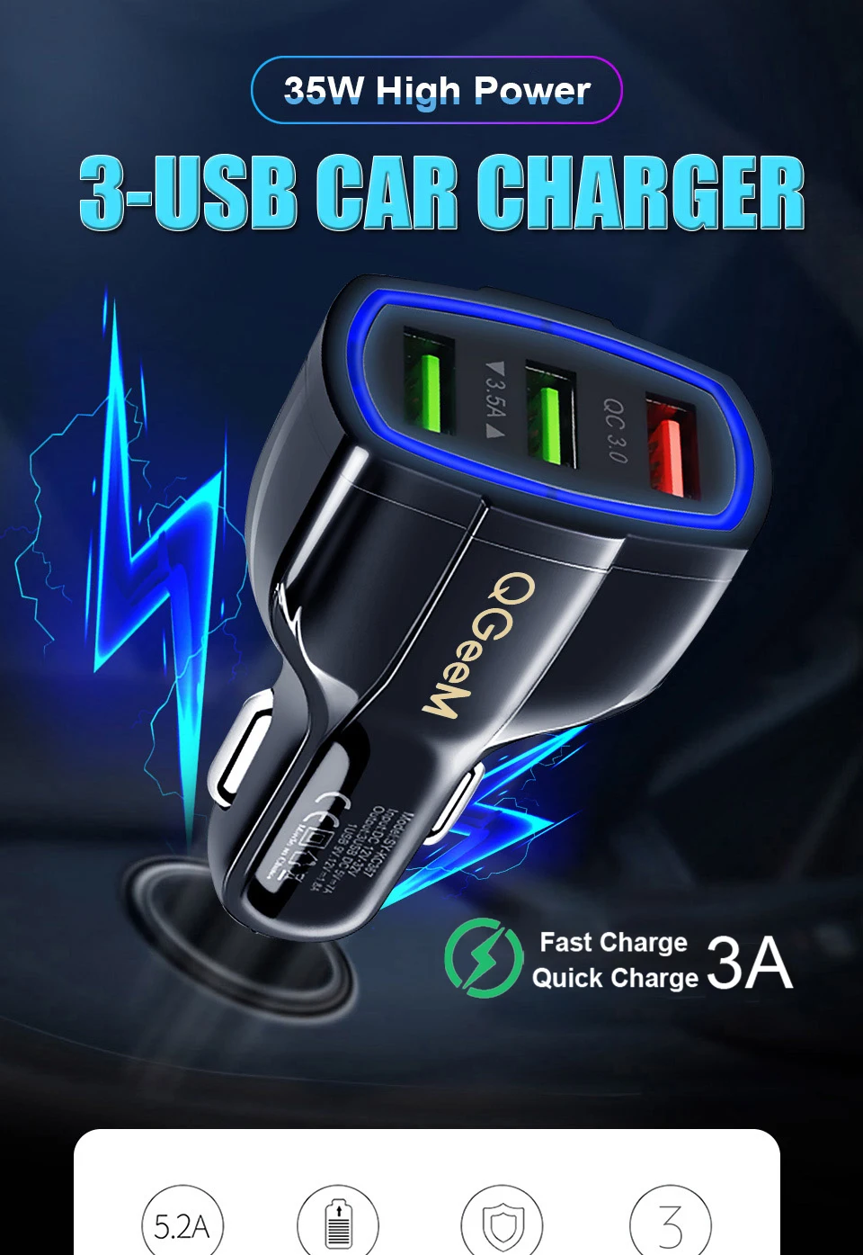 QGEEM QC 3,0 3 USB Автомобильное зарядное устройство Quick Charge 3,0 3 порта быстрое зарядное устройство для автомобильного телефона зарядное устройство адаптер для iPhone Xiaomi mi 9 Red mi