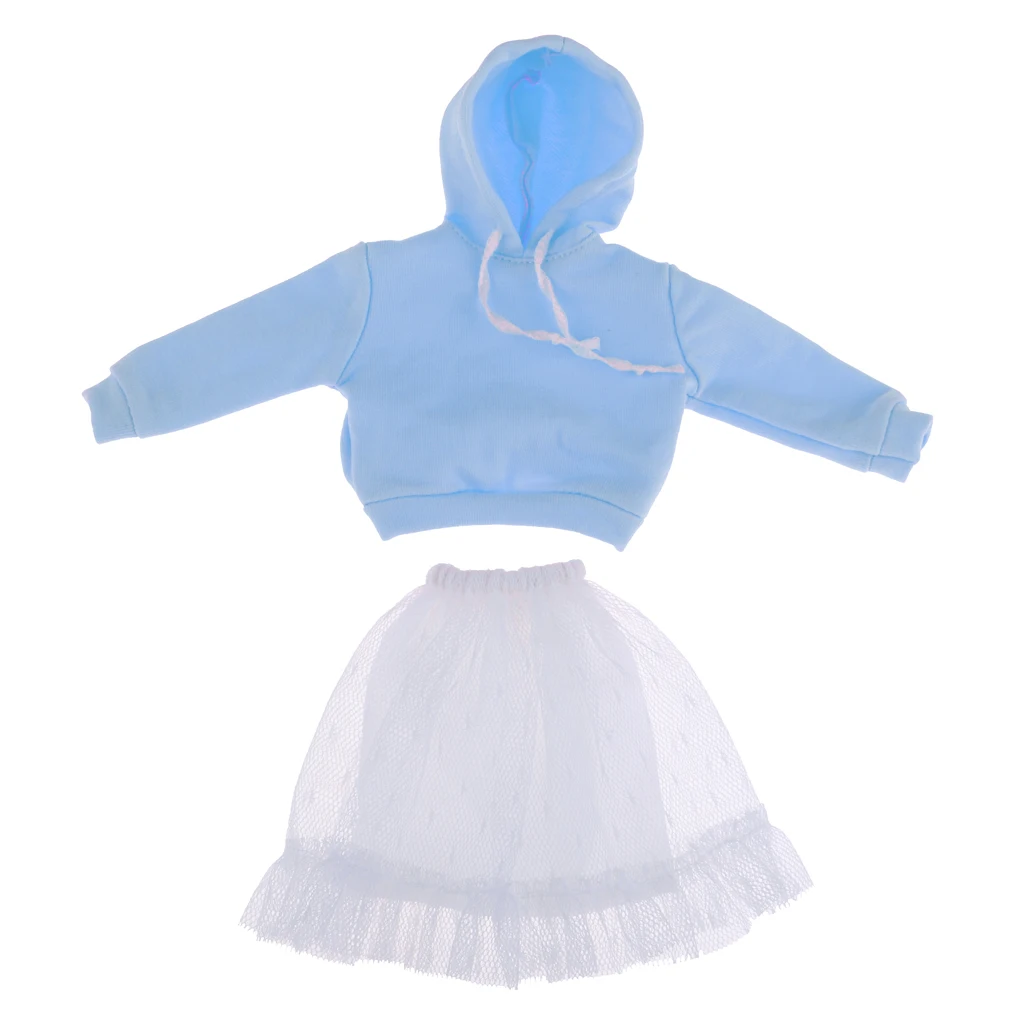 Fashion Long Sleeve Hoodie Veil Skirt Outfit for 12inch Blythe Licca Pullip Dolls Clothes Accessories Blue