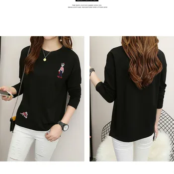 

2019 Korean Harajuku T-shirt Women Long Sleeve Plus Size Loose Cartoon Embroidery Tee shirts Solid Bottoming Winter Tops